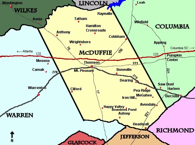McDuffie Co, GA Map with Place Names