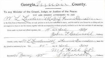 Marriage Certificate of W. L. Loudermilk and Fannie Donalson