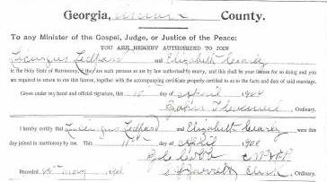 Marriage Certificate of Licurgus Ledford and Elizabeth Crary