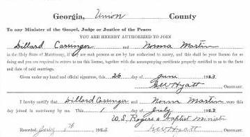 Marriage Certificate of Dillard Carringer and Norma Martin