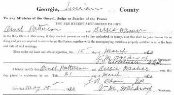 Marriage Certificate of Orvil Patterson and Bessie Weaver